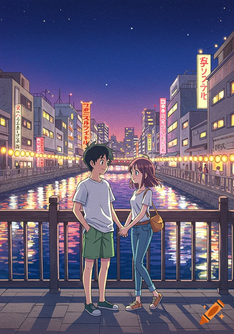 Animated couple holding hands on a bridge over a city canal at night, surrounded by illuminated buildings and reflections.