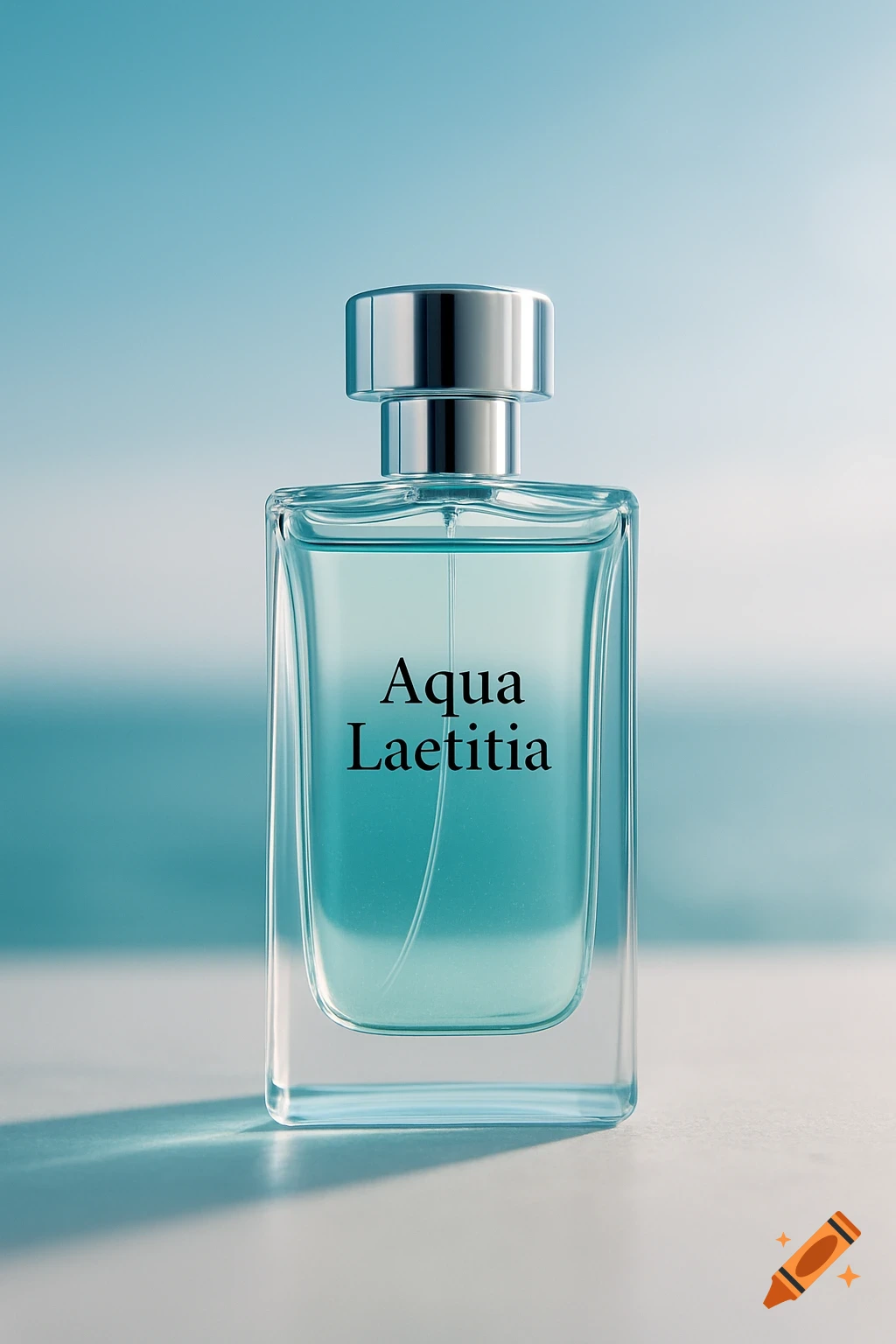 A photorealistic clear glass perfume bottle with a silver cap, filled with light blue liquid and labeled "Aqua Laetitia", on a light surface against a soft blue background.