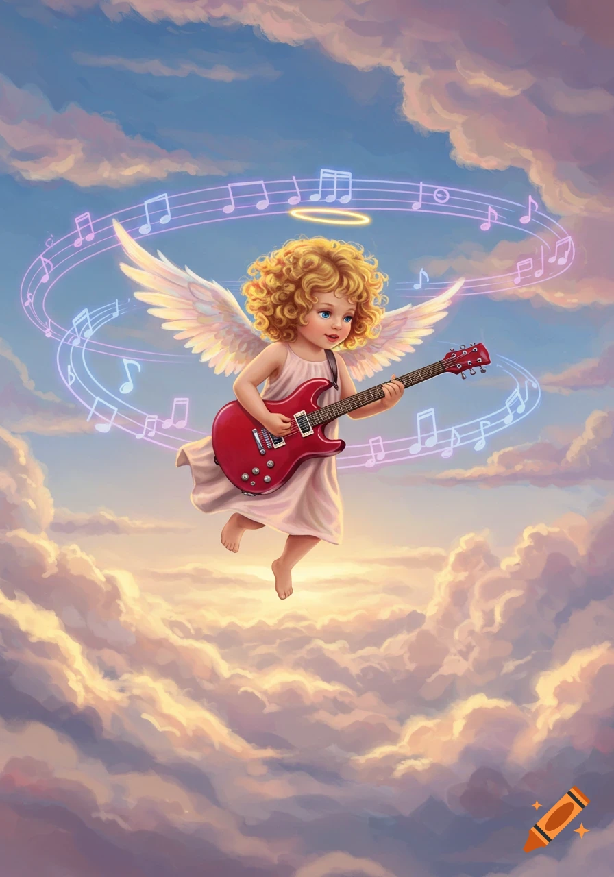 An illustration of a blonde cherub angel playing a red electric guitar while floating among clouds with glowing musical notes.