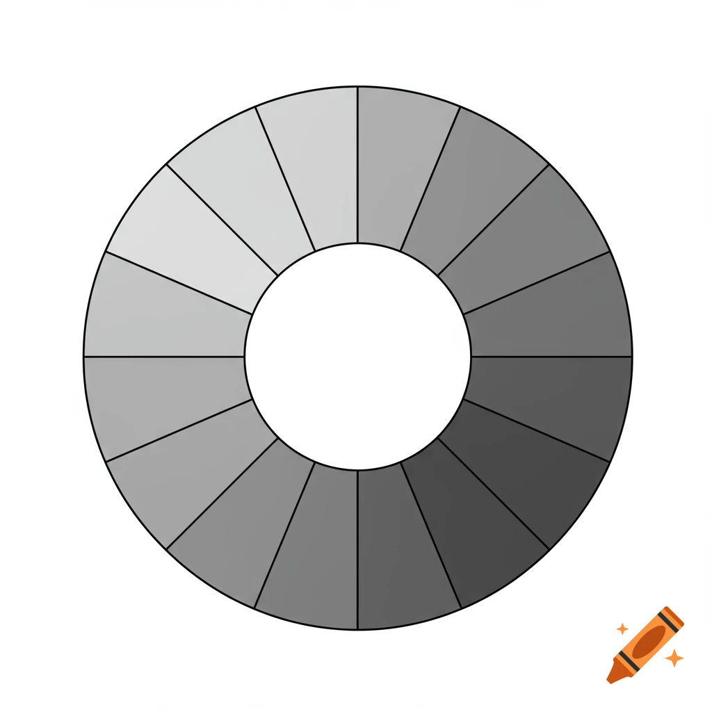 A grayscale wheel with 16 segments arranged in a gradient from light to dark gray, with a white center, on a white background.
