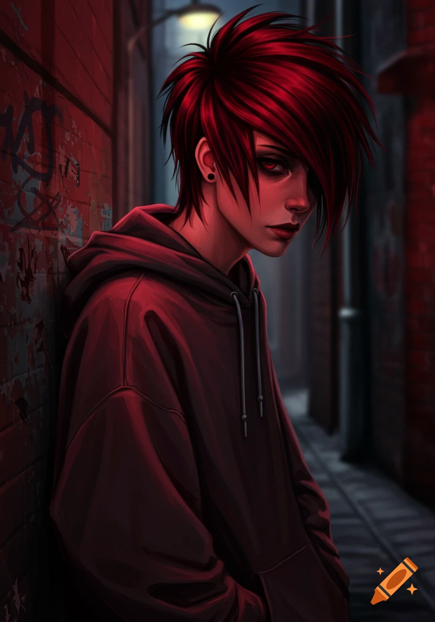 A red-haired emo person in a hoodie leans against a graffiti wall in a dark alley, in a digital art style.