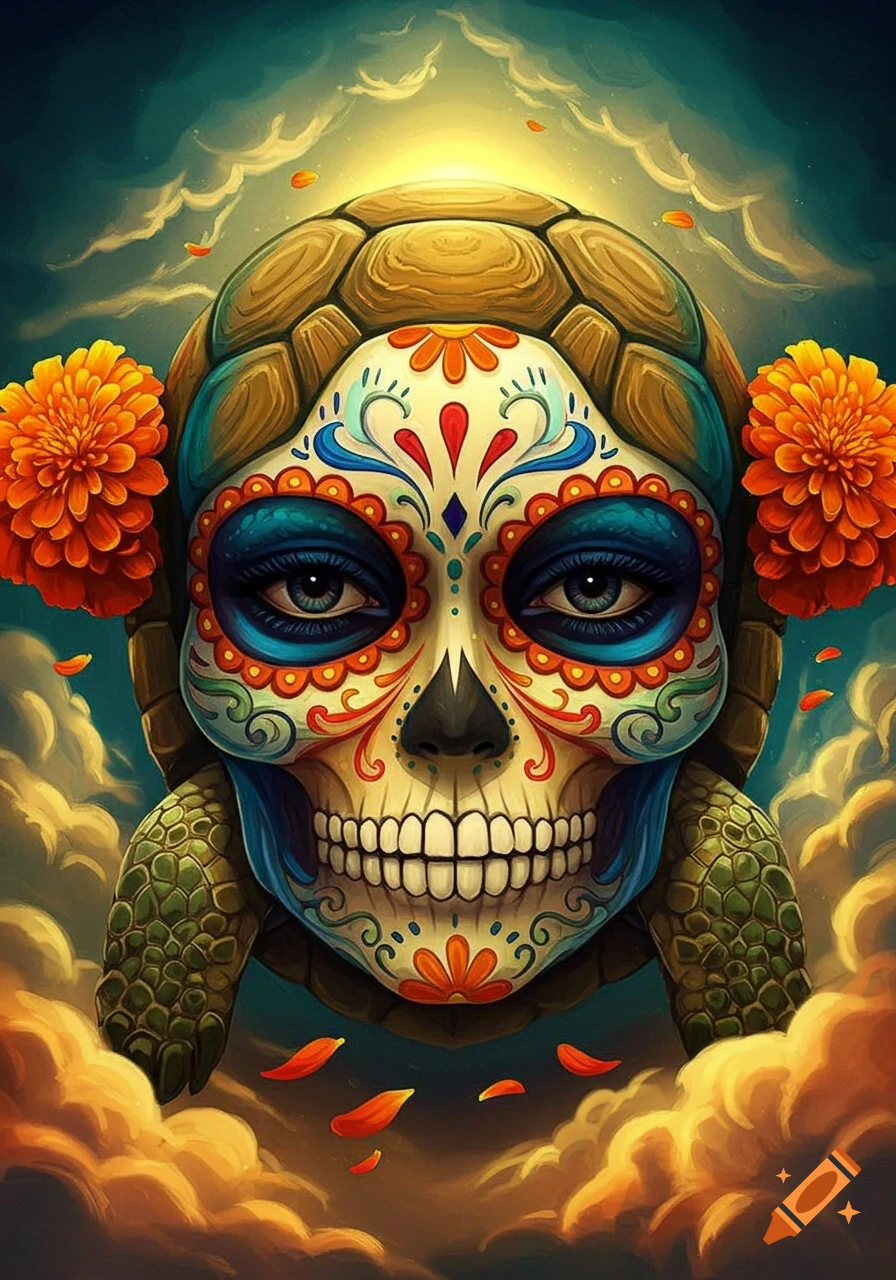 A vibrant, intricately decorated sugar skull with blue eyes, formed into a turtle's head, flanked by orange marigold flowers, surrounded by clouds and falling petals.