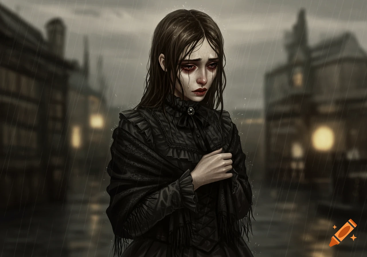 Sad Victorian lady with red eyes, wearing a black frilly dress and shawl, stands in the rain with a blurred city background. Illustration.