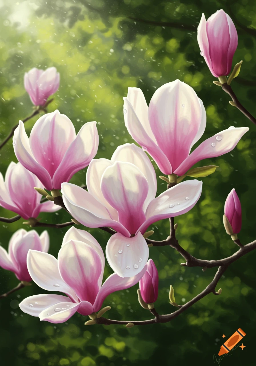 Painted close-up of pink and white magnolia flowers with water droplets on branches against a soft green background.
