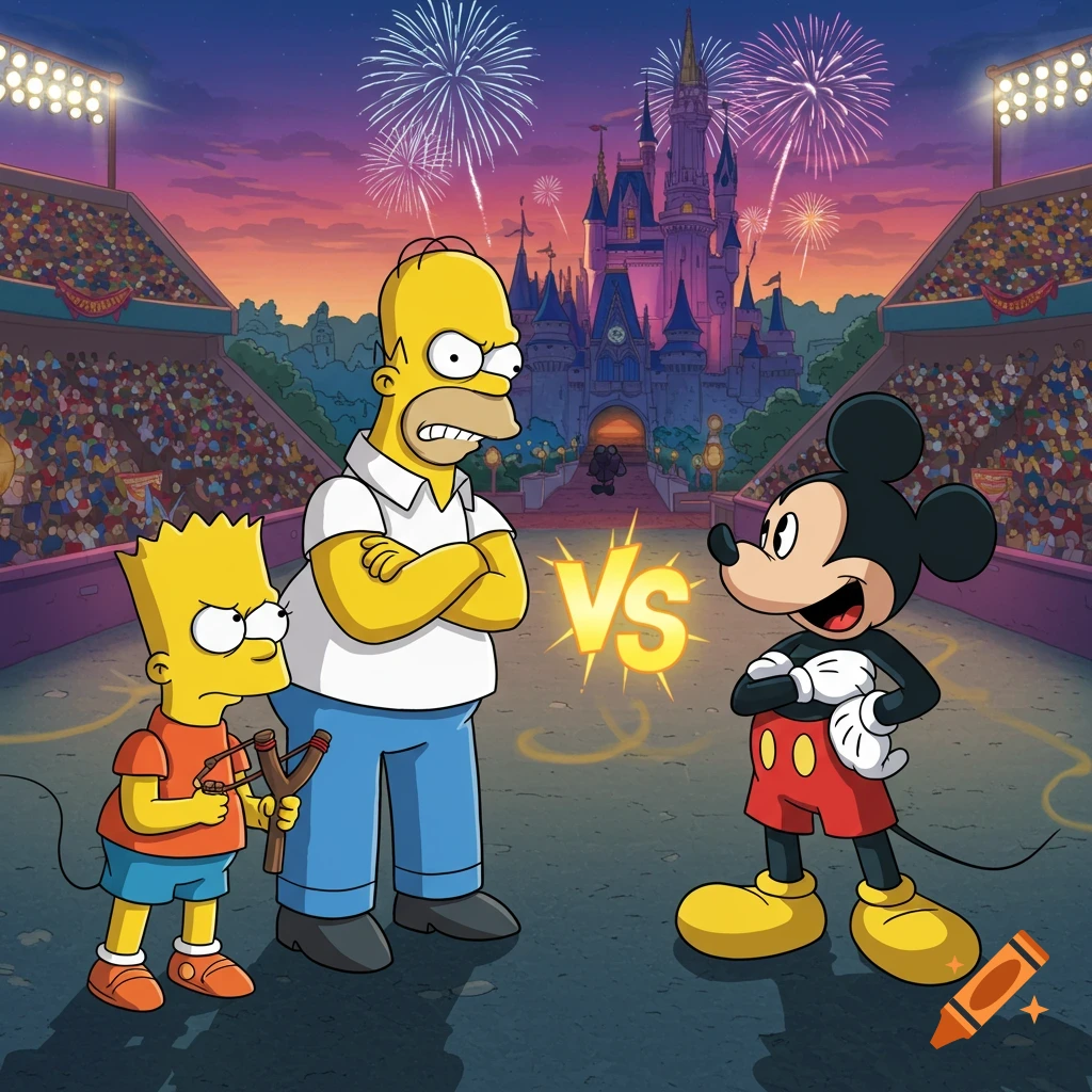 Homer and Bart Simpson confront Mickey Mouse, with 'VS' between them, in a cartoon stadium setting with a castle and fireworks.