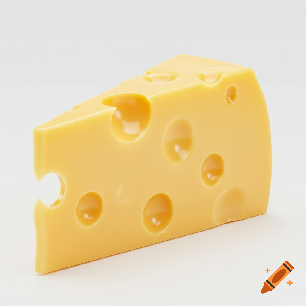 A realistic 3D render of a wedge of yellow Swiss cheese with holes, set against a clean white background.