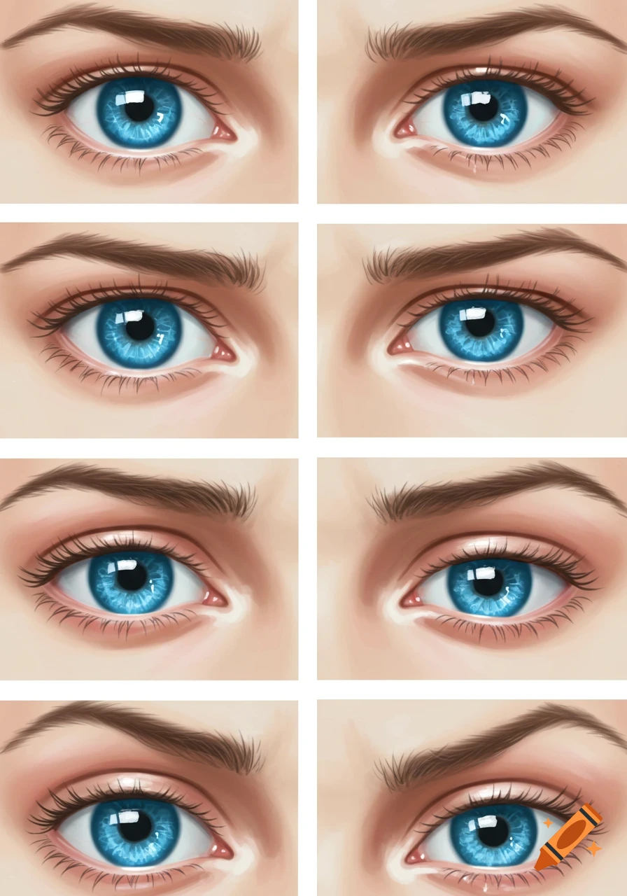 A grid of eight pairs of detailed blue eyes with varying subtle expressions, in an illustrative style.