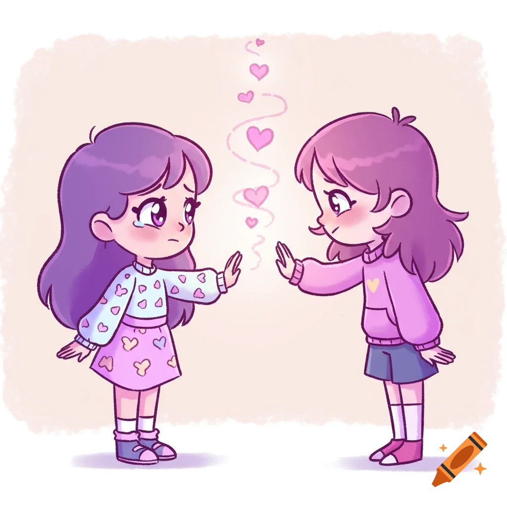 Cute cartoon of two girls. One on the left is sad with a tear, making a stop gesture. The other on the right is shy/blushing. Pink hearts float between them.
