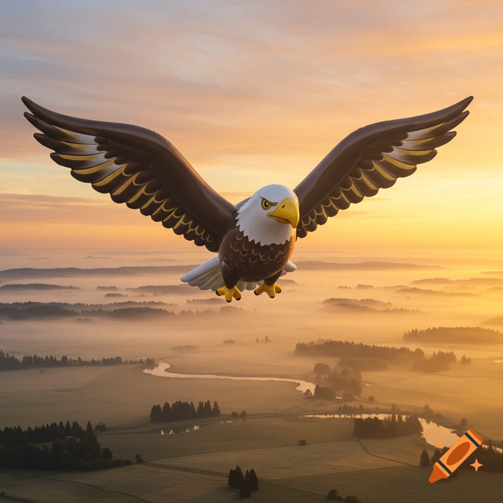 A large inflatable bald eagle with yellow beak and feet flies over a misty, forested landscape at sunrise.