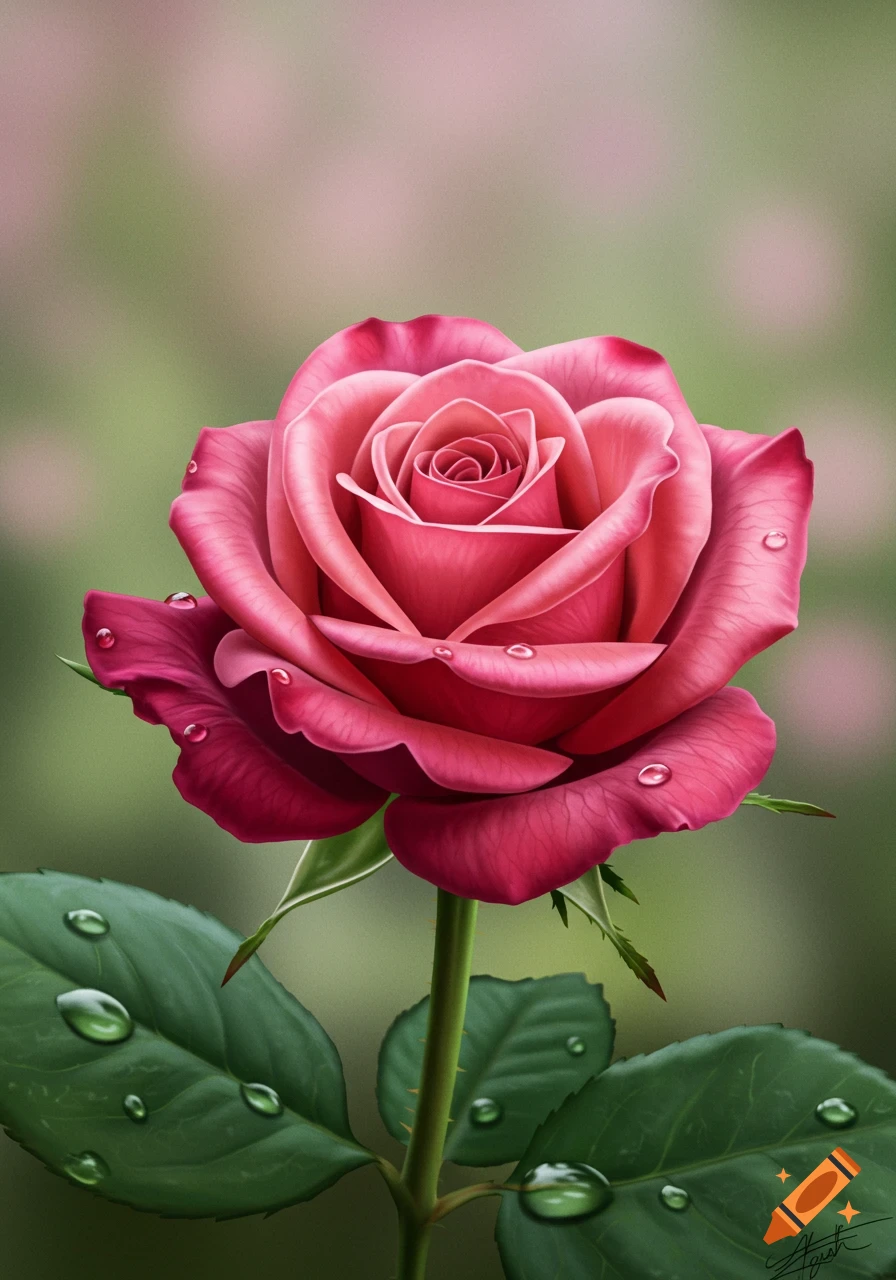 Close-up photorealistic digital painting of a vibrant pink rose with green leaves covered in dew drops.