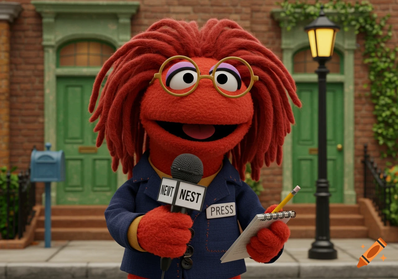 A red Muppet-style newt character, Nicole Newt, with dreadlocks and glasses, holds a microphone and notepad on a street.