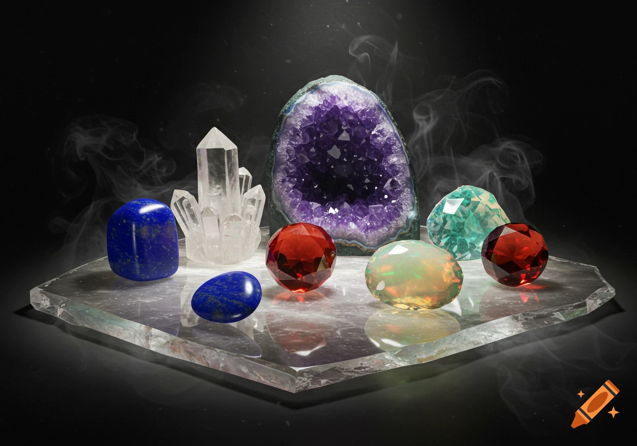 A dark, moody still life featuring various polished and raw minerals and gemstones, including a large amethyst geode, quartz crystals, lapis lazuli, red faceted stones, and an opal, resting on a clear slab with wisps of smoke.