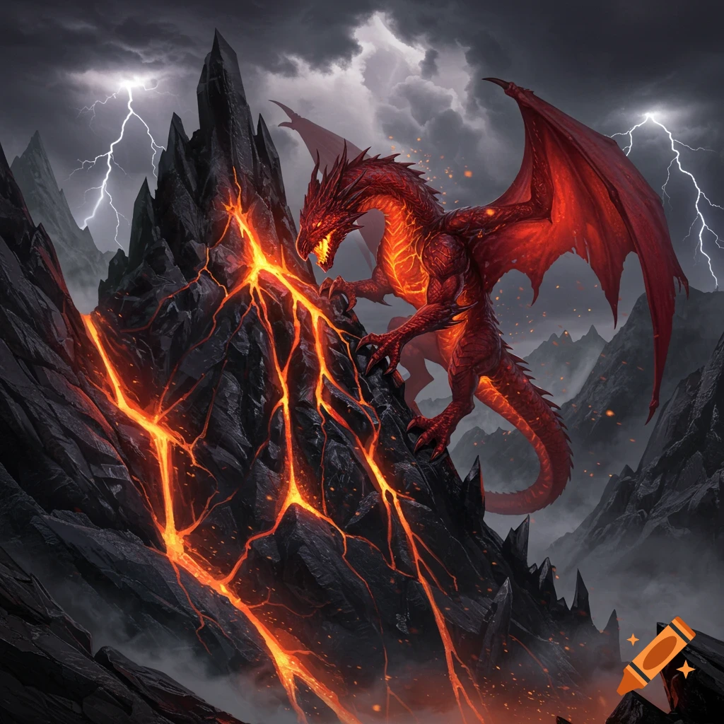 A red lava dragon climbs a dark, jagged mountain with glowing orange lava rivers. Stormy skies with lightning bolts.