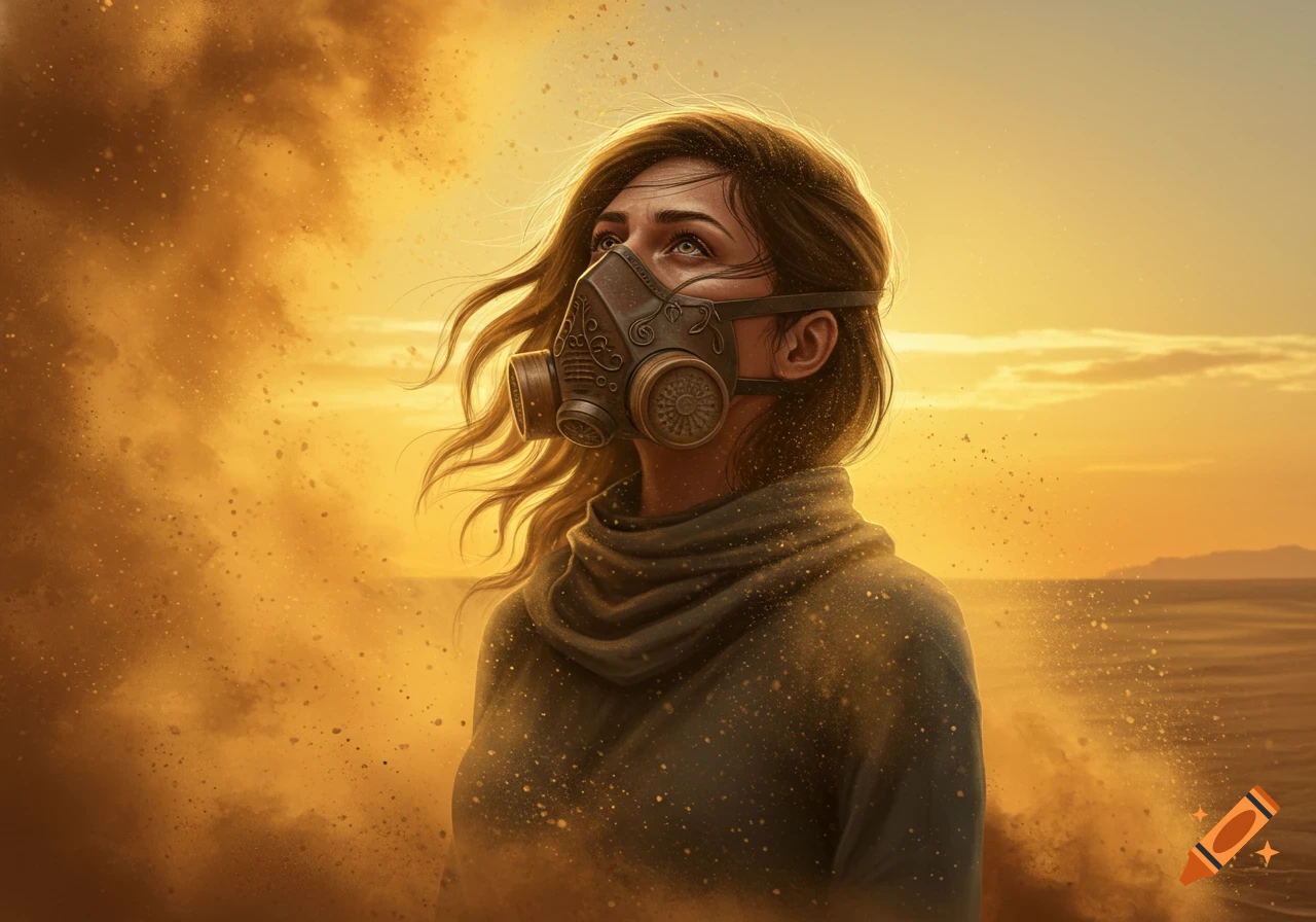 A woman with a detailed gas mask looks up, surrounded by swirling orange dust over a barren landscape at sunset.