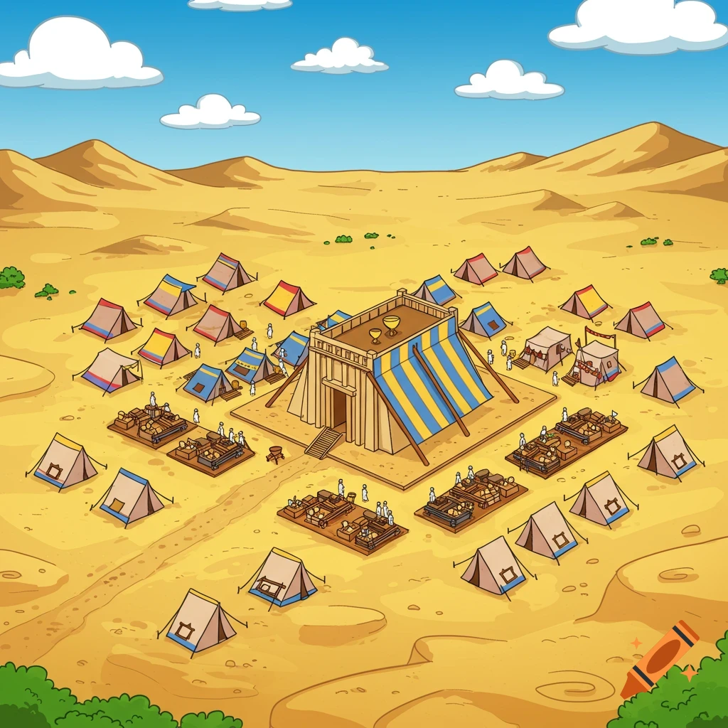 Cartoon aerial view of Moses' Tabernacle surrounded by tents in a vast desert landscape under a blue sky with clouds.