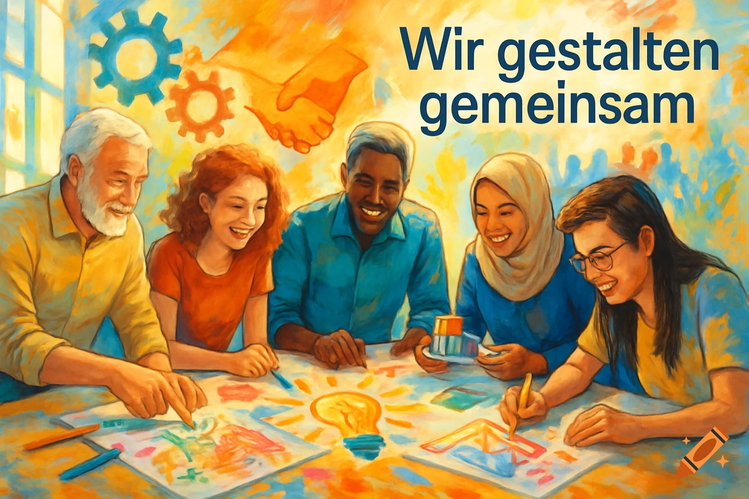 Digital illustration of a diverse group of adults collaborating around a table, drawing and designing with a lightbulb in the center. Text says "Wir gestalten gemeinsam" (We create together).