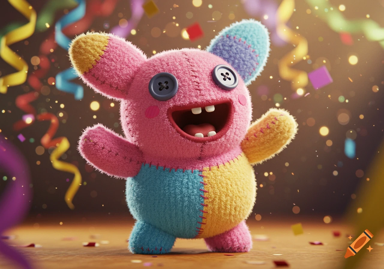A colorful, happy plush toy with button eyes and a wide smile stands amidst falling confetti and streamers at a party, photorealistic.