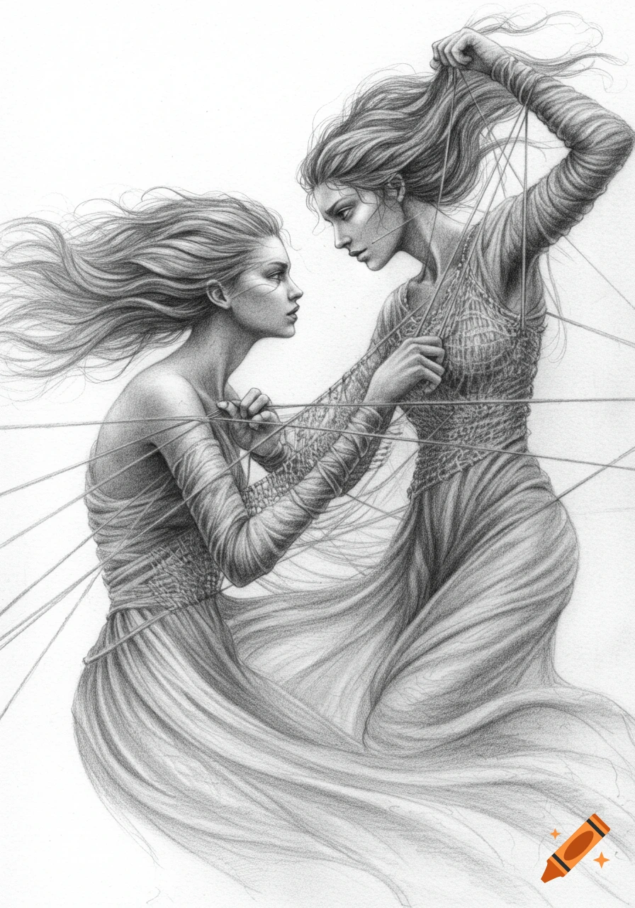 Detailed pencil drawing of two women facing each other, entangled in threads, with flowing hair and draped dresses.