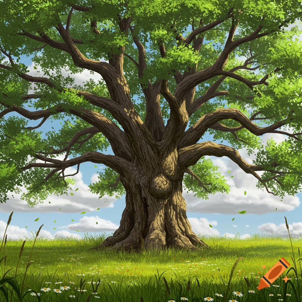Illustration of a majestic, ancient tree with a thick trunk and green leaves in a lush green field under a blue sky with clouds.