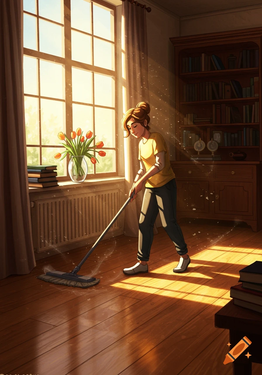 Illustrated woman mopping a sunlit wooden floor in a cozy room with a large window, flowers, and a bookshelf.