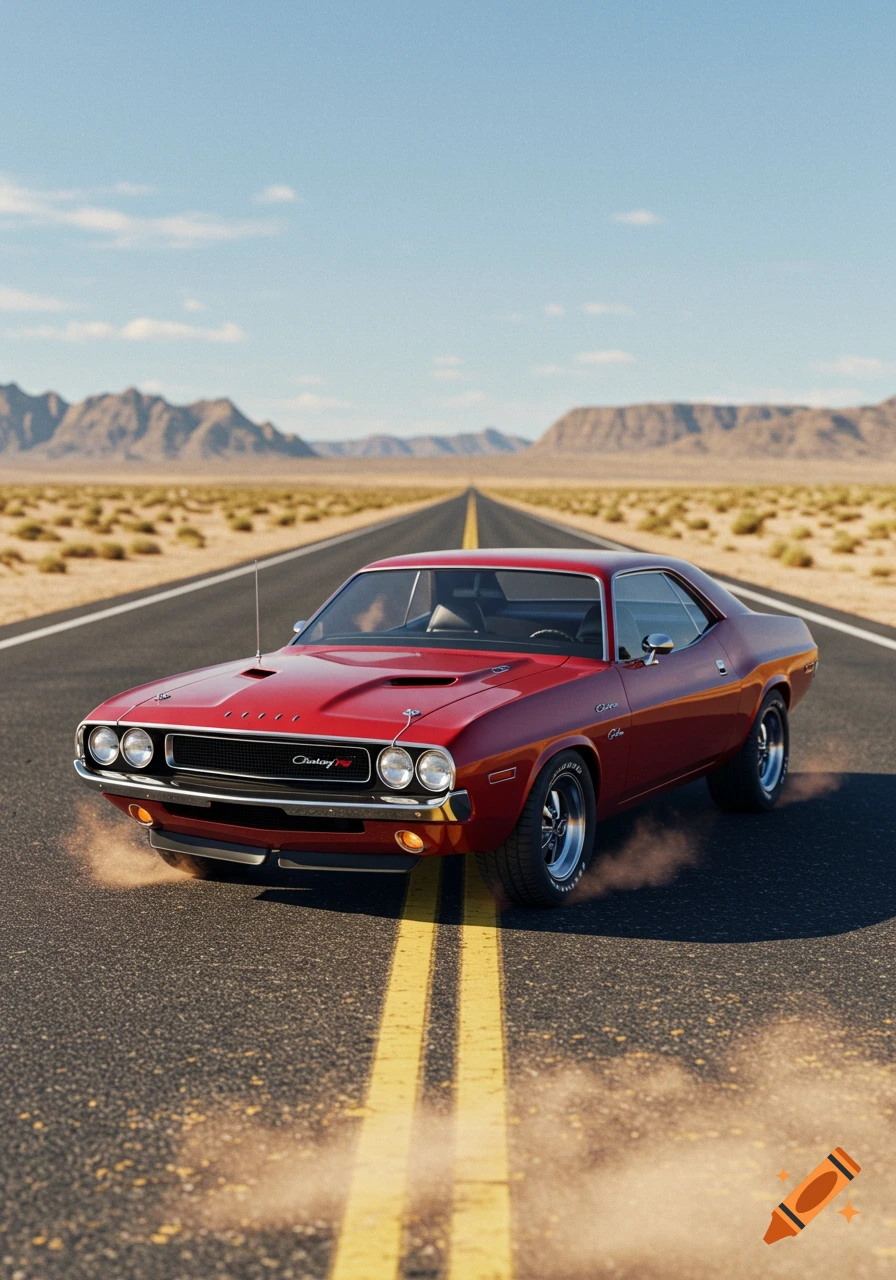 A photorealistic red vintage Dodge Challenger muscle car driving on a desert highway, kicking up dust, with mountains behind.