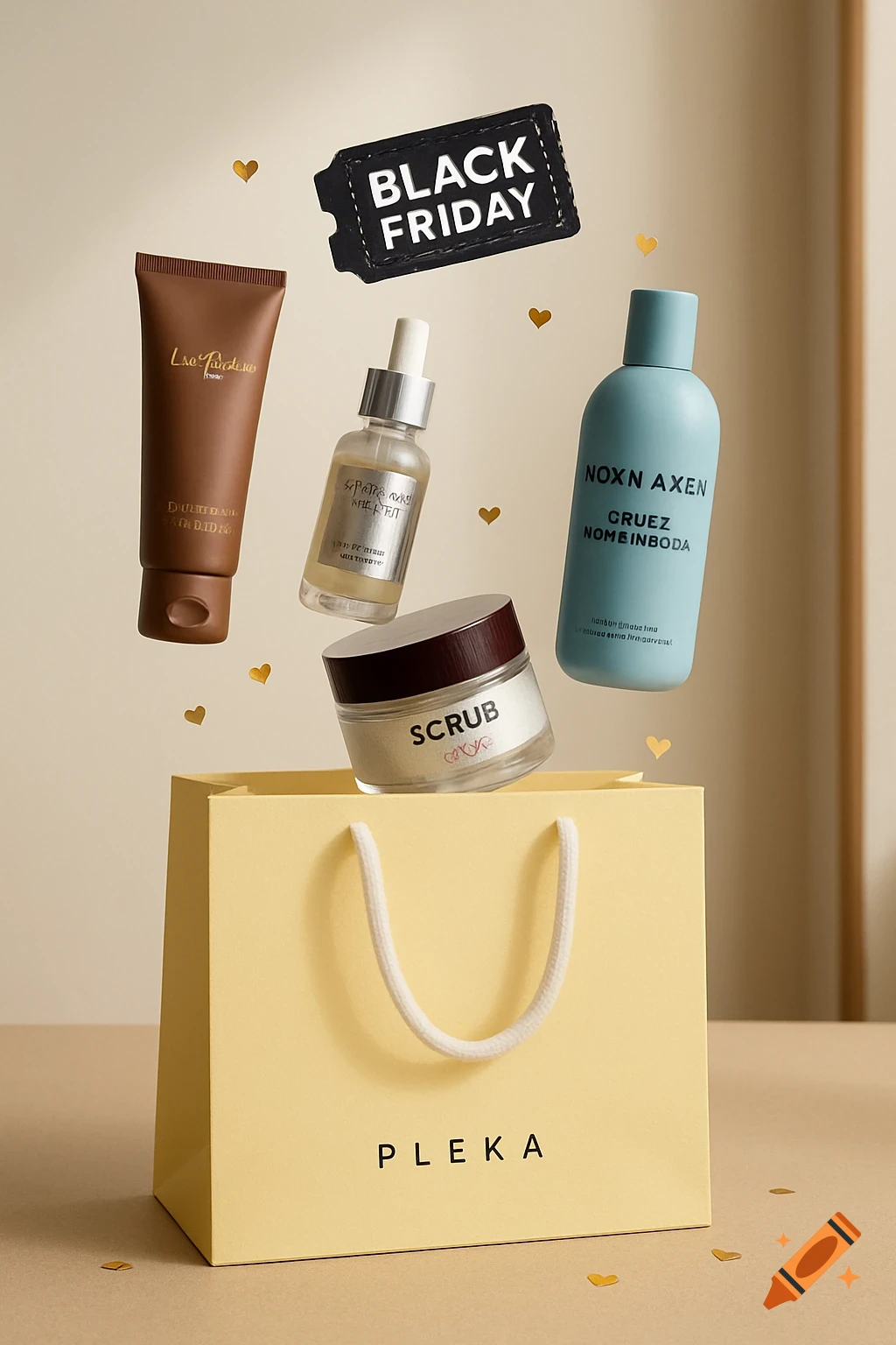 Luxury beauty products, including a brown tube, dropper bottle, scrub jar, and blue bottle, levitate above a yellow gift bag with 'PLEKA' text. A 'BLACK FRIDAY' ticket floats above, surrounded by golden hearts, on a beige table.