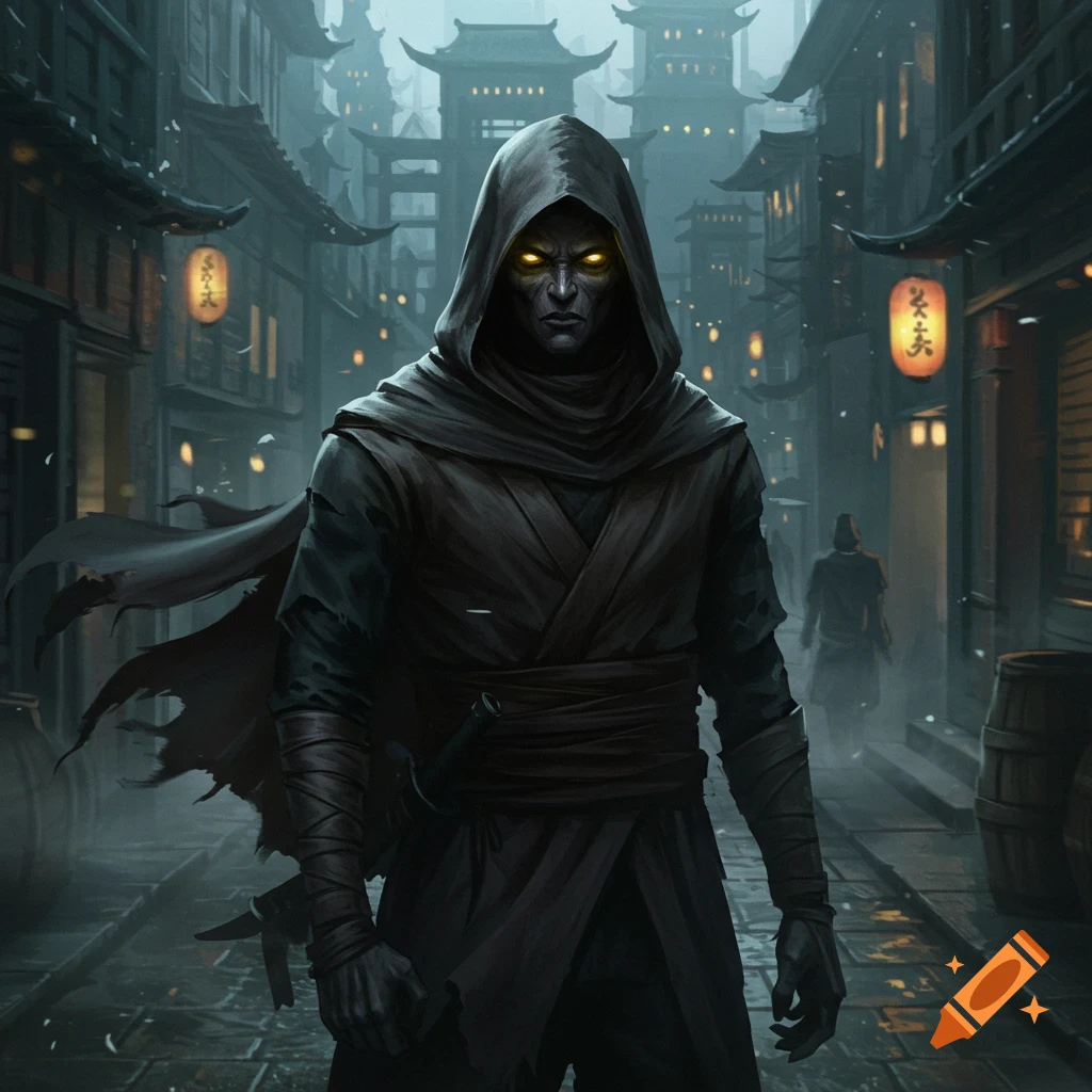 A dark hooded figure with glowing yellow eyes and grey skin stands in a misty, dark Asian street scene with pagoda-style buildings.