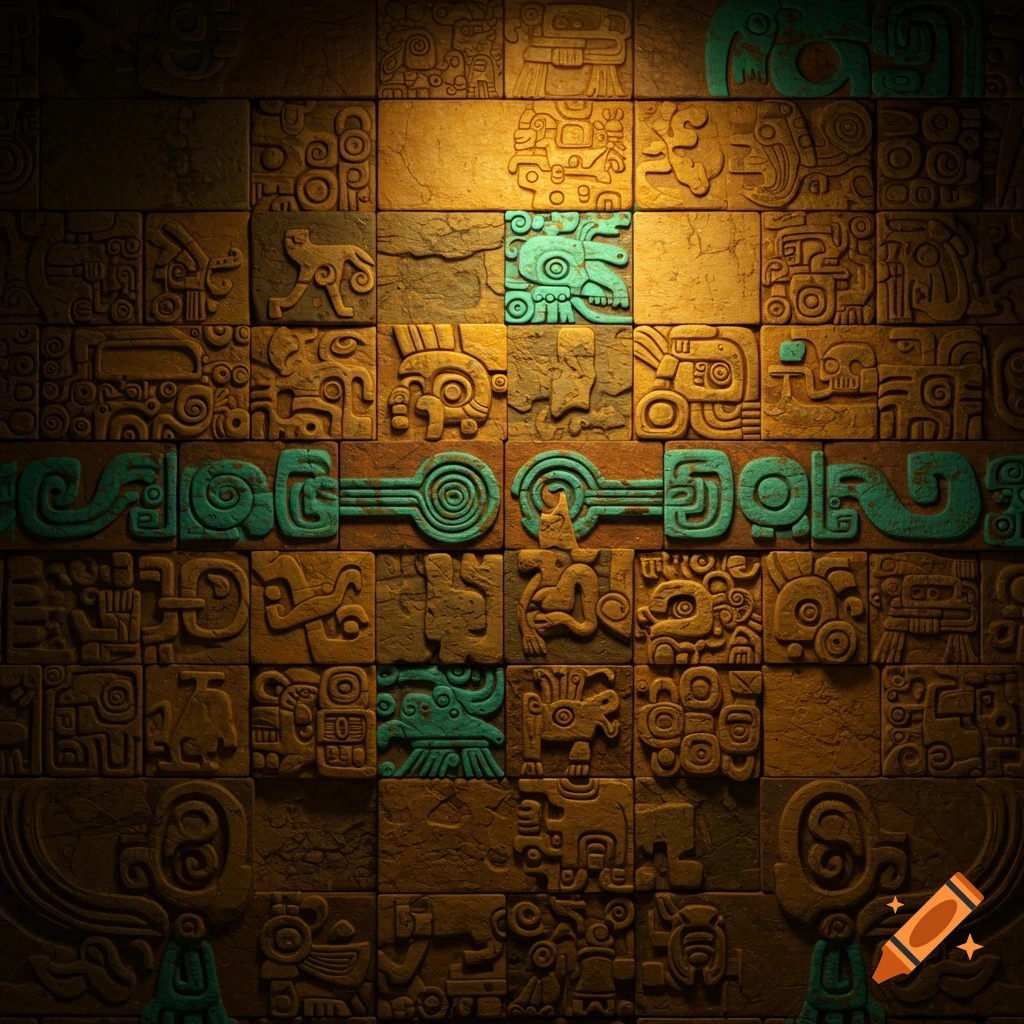 Close-up of a wall with intricate ancient Aztec stone carvings, featuring turquoise elements and warm lighting.
