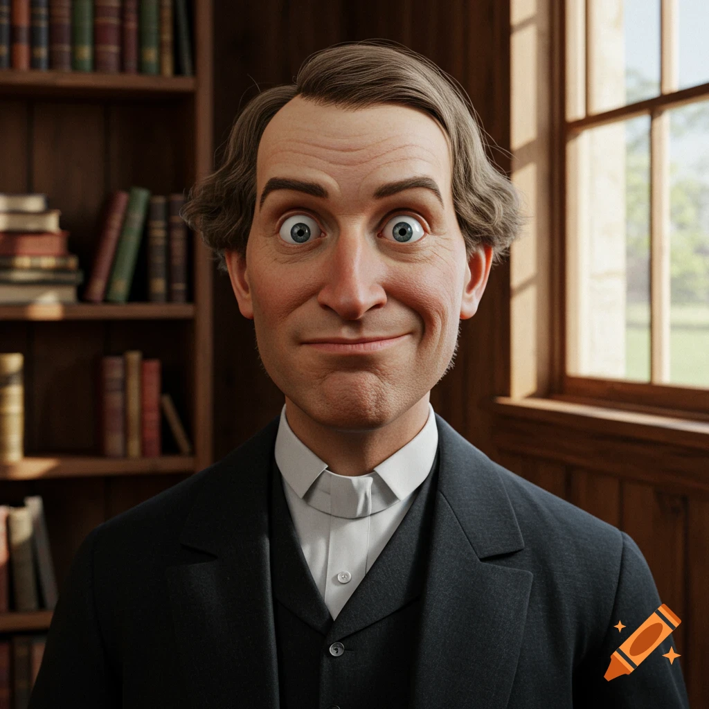 A cartoonish man with wide eyes and a silly grin wears a suit in a study with bookshelves.