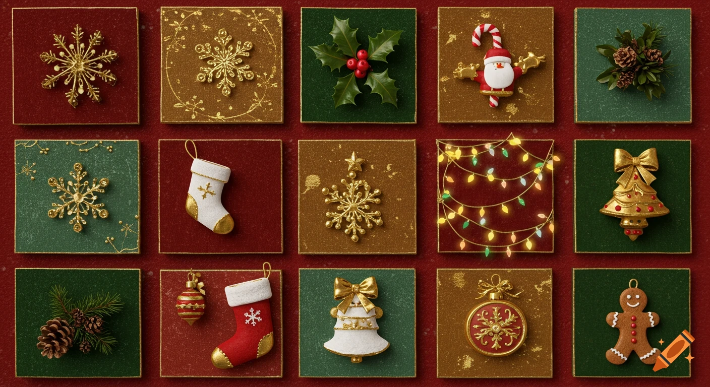 A grid of 15 Christmas-themed squares featuring golden snowflakes, holly, Santa, stockings, lights, bells, and a gingerbread man on red and green backgrounds.
