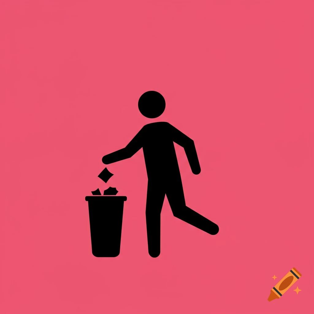 A black pictogram of a person throwing crumpled papers into a trash bin, against a solid red background.
