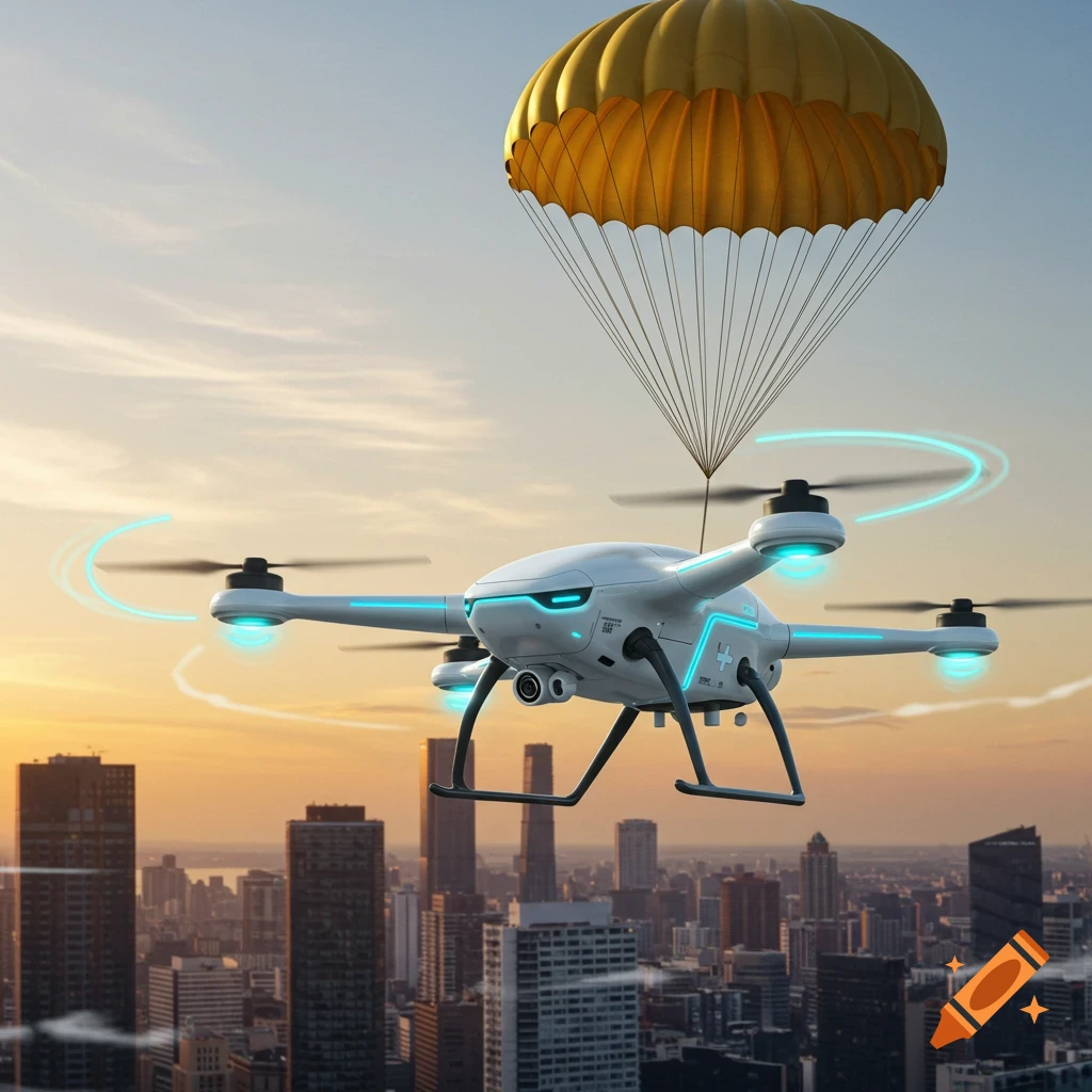 A white drone with blue glowing accents and a golden parachute flies over a cityscape at sunset in a photorealistic style.