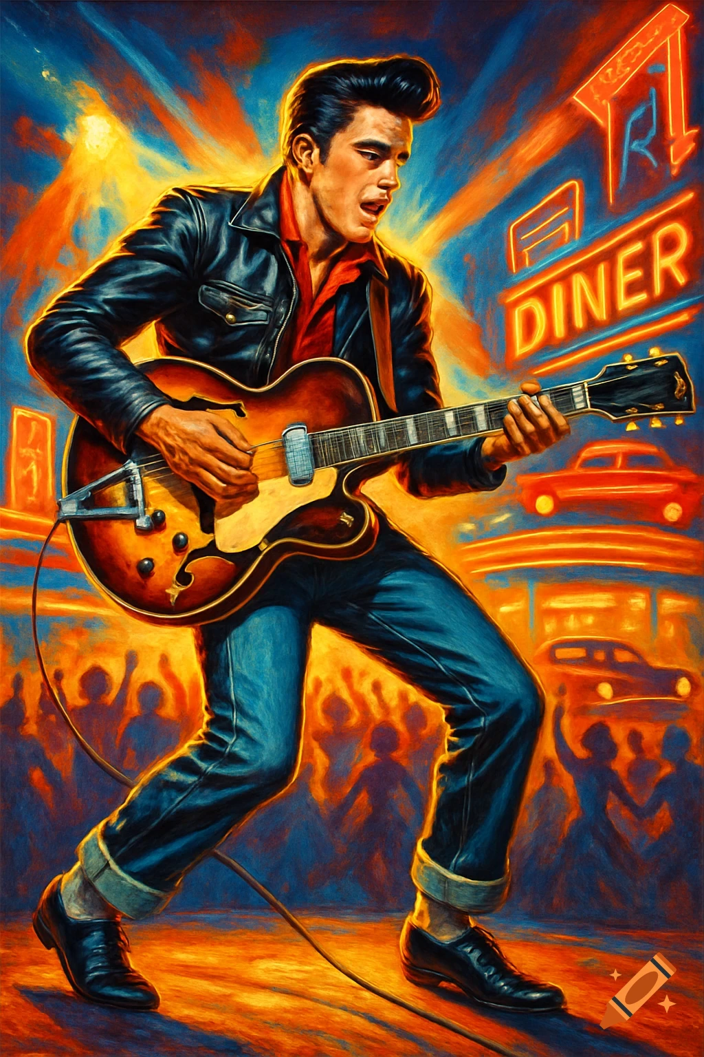 Dynamic illustration of a rockabilly musician playing guitar on stage, with neon diner signs and a cheering crowd in the background, in a vibrant 1950s style.