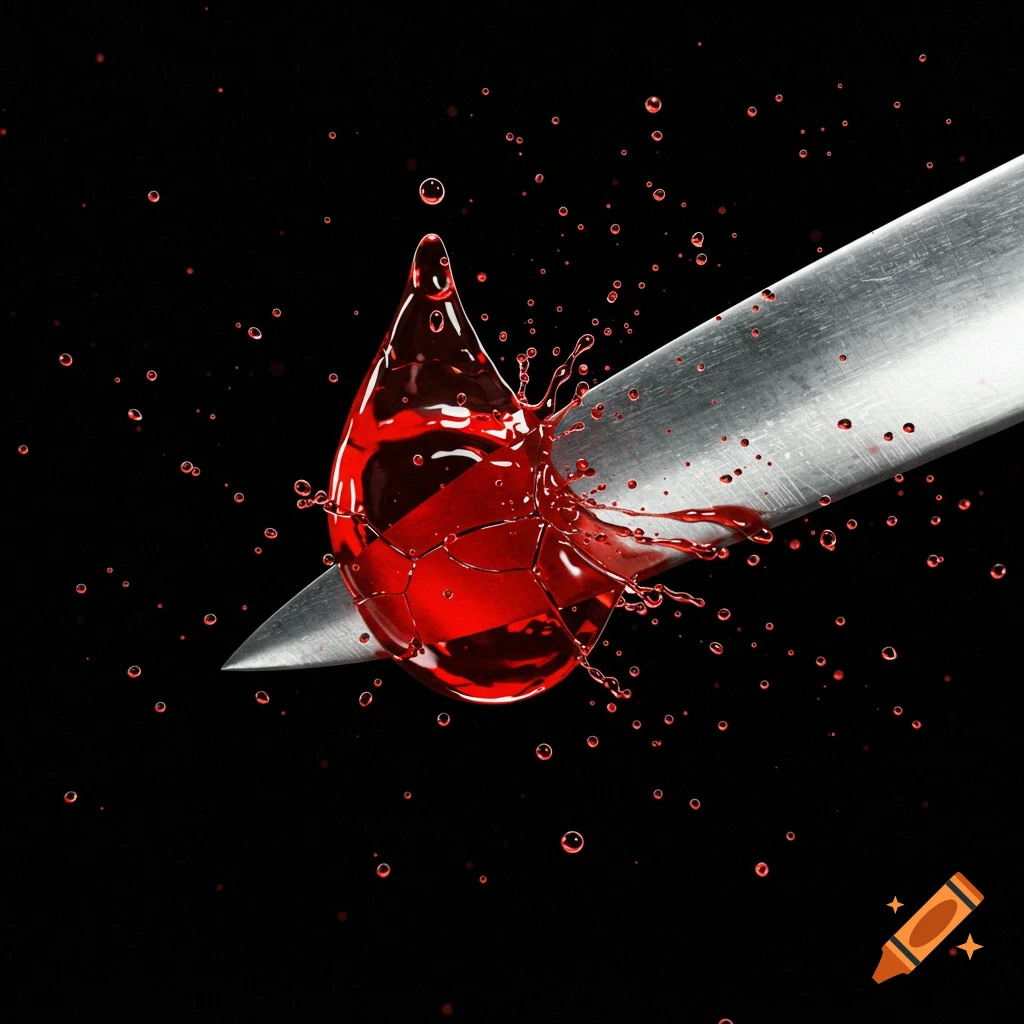A silver knife blade slices through a vibrant red liquid drop, causing it to splash against a black background.