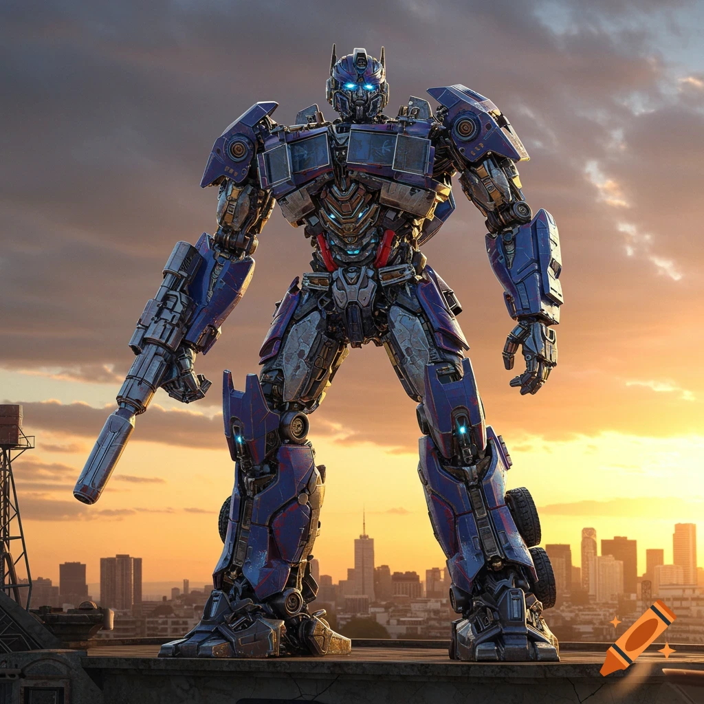 A photorealistic giant blue and silver robot resembling Optimus Prime stands on a rooftop overlooking a city skyline at sunset.