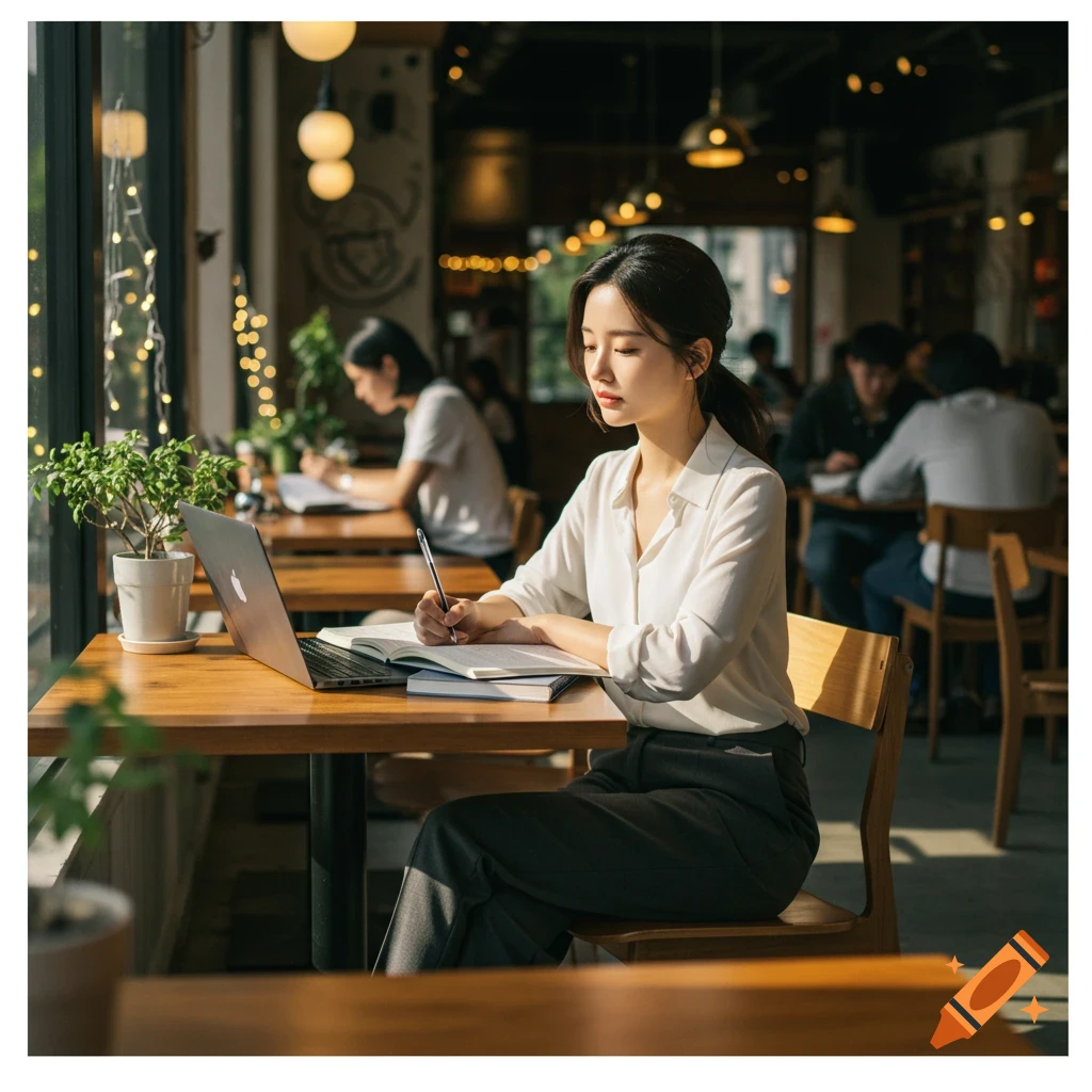 A Korean woman studies intently, writing in a notebook at a wooden table in a cafe with a laptop open beside her.