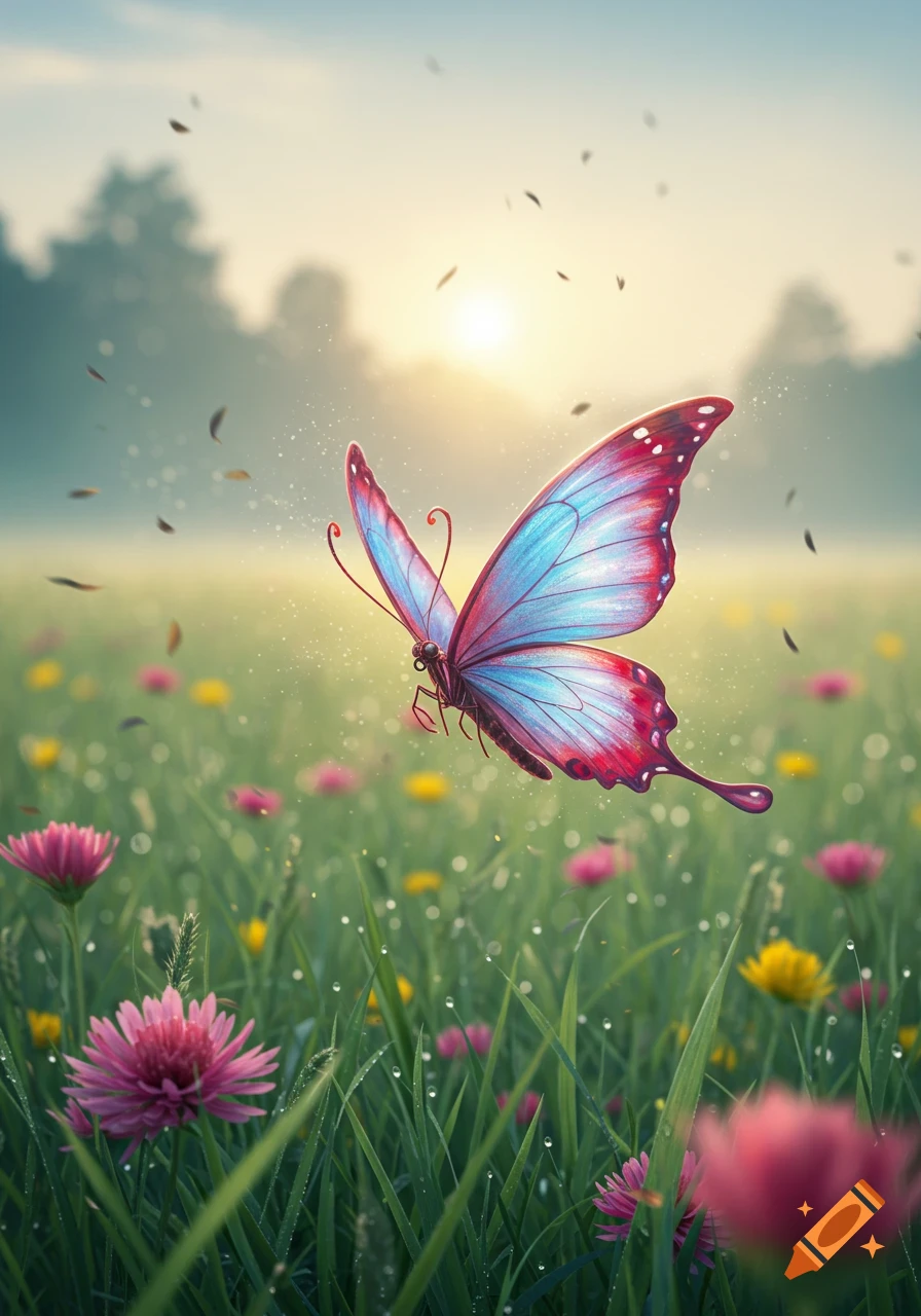 A vibrant blue, red, and pink butterfly with ornate antennae hovers over a dew-kissed field of green grass and colorful flowers at sunrise.
