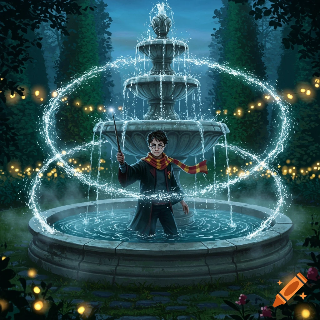 Illustration of Harry Potter in a tiered stone fountain, casting a spell with a glowing wand, surrounded by swirling water and garden lights.
