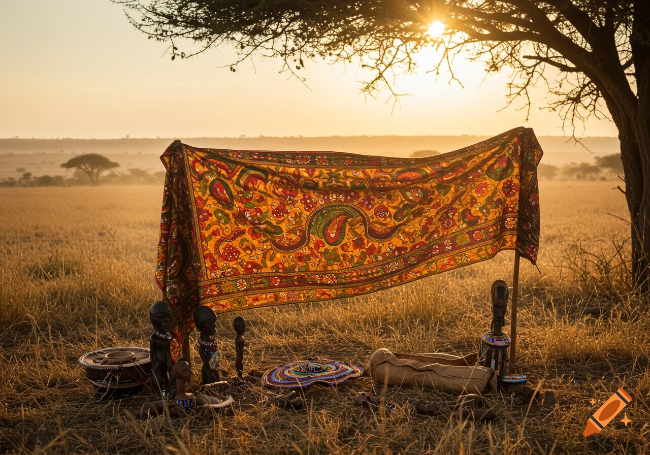 Cultural artifacts including patterned cloth and carved figures in a golden savanna landscape at sunset.
