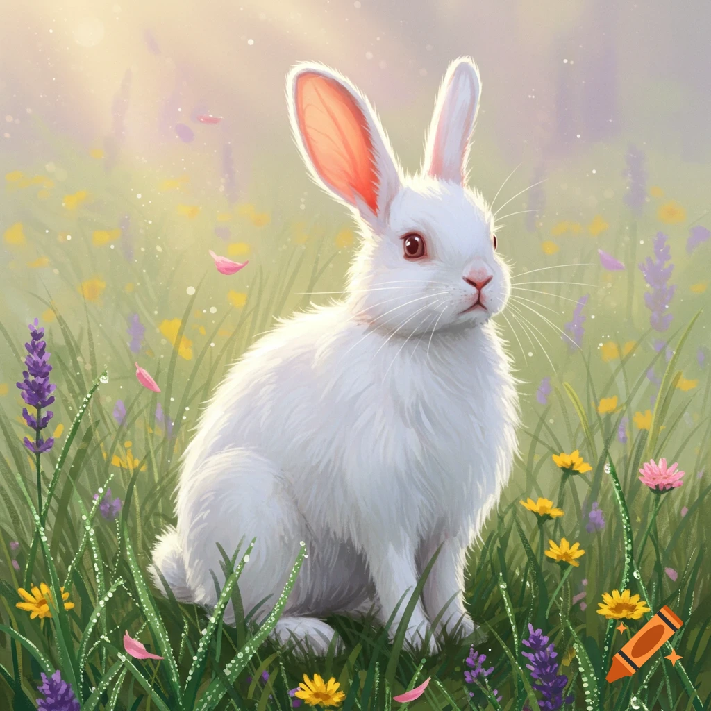 A fluffy white rabbit with pink ears sits in a vibrant field of green grass and colorful flowers under a soft glow.