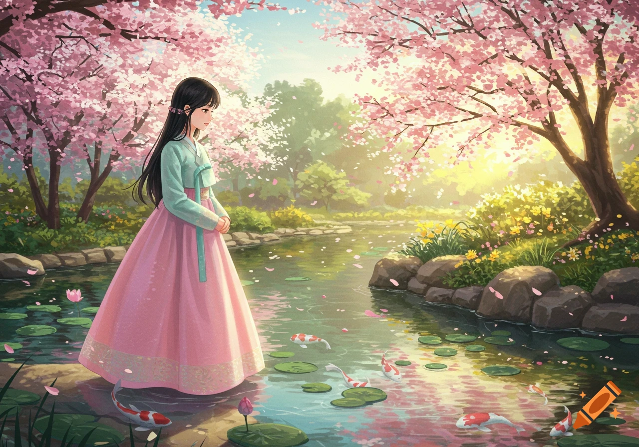 An anime girl in a pink hanbok stands by a pond with koi fish under blooming cherry trees in a sunny garden.