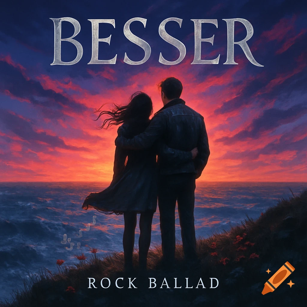 A couple embraces on a cliff overlooking a fiery sunset over the ocean, with "BESSER" and "ROCK BALLAD" text.