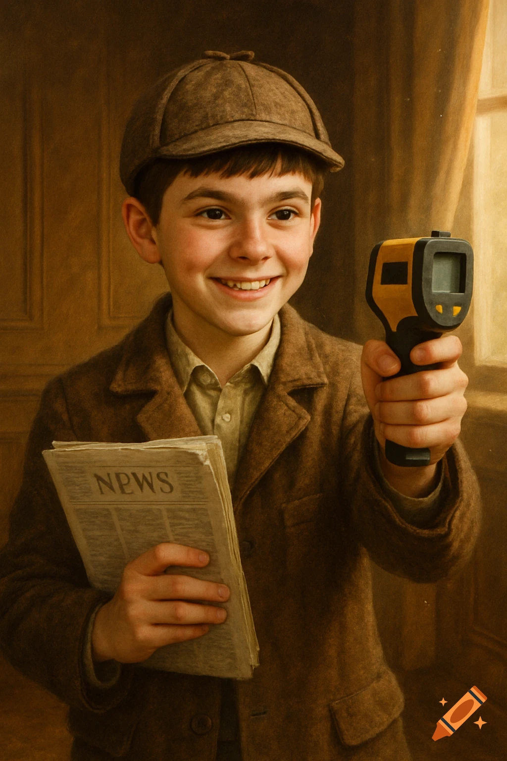A young boy in a brown cap and coat smiles, holding a newspaper and pointing an infrared detector. Photorealistic style.