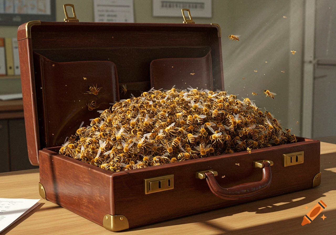 A photorealistic image of an open brown briefcase overflowing with thousands of bees, with several flying above it on a desk in an office.