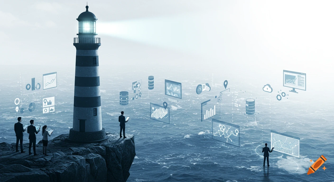 Professional illustration of a lighthouse on a cliff, business people observing digital data icons over a stormy sea, blue and grey.