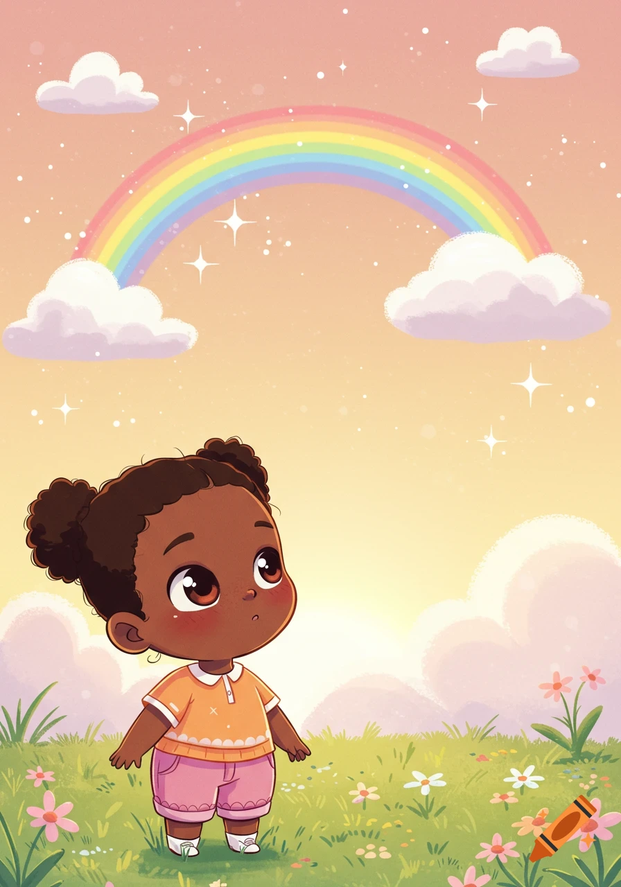 A cute cartoon African American child with two buns stands in a grassy field with flowers, looking up at a rainbow and stars in a pastel sky.