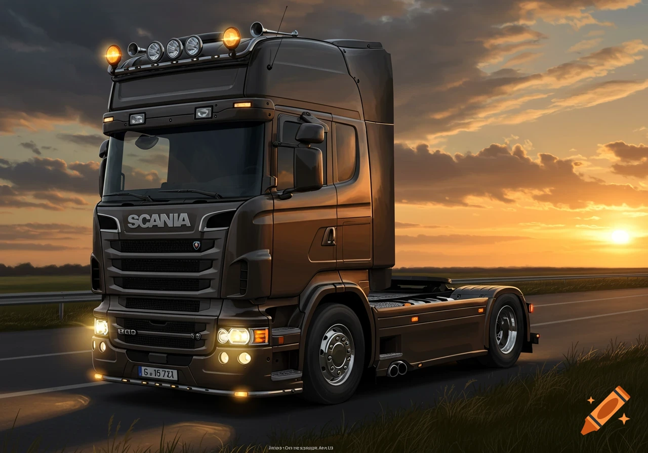 A dark brown Scania truck with its lights on, parked on the side of a road at sunrise or sunset, with an orange and cloudy sky.