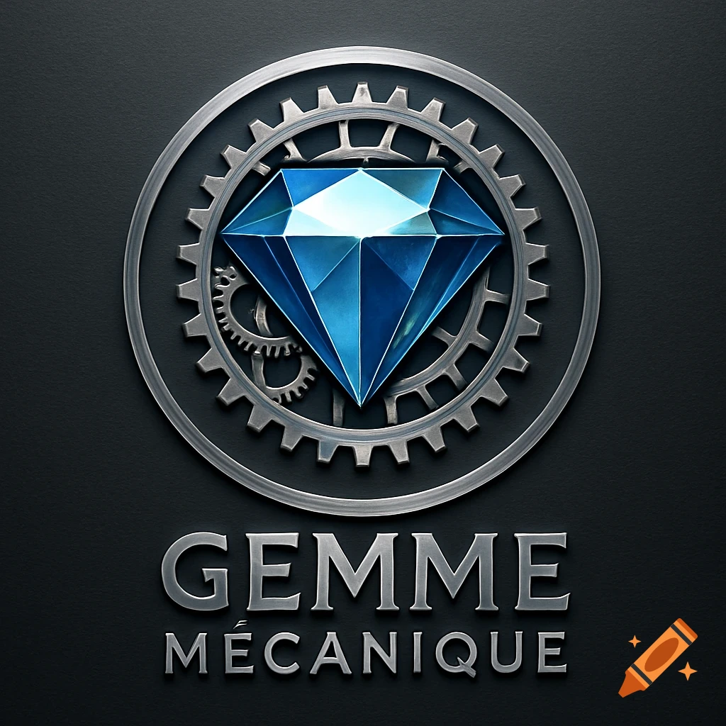 A metallic logo featuring a blue diamond within a gear mechanism, with the text 'GEMME MÉCANIQUE' below it.