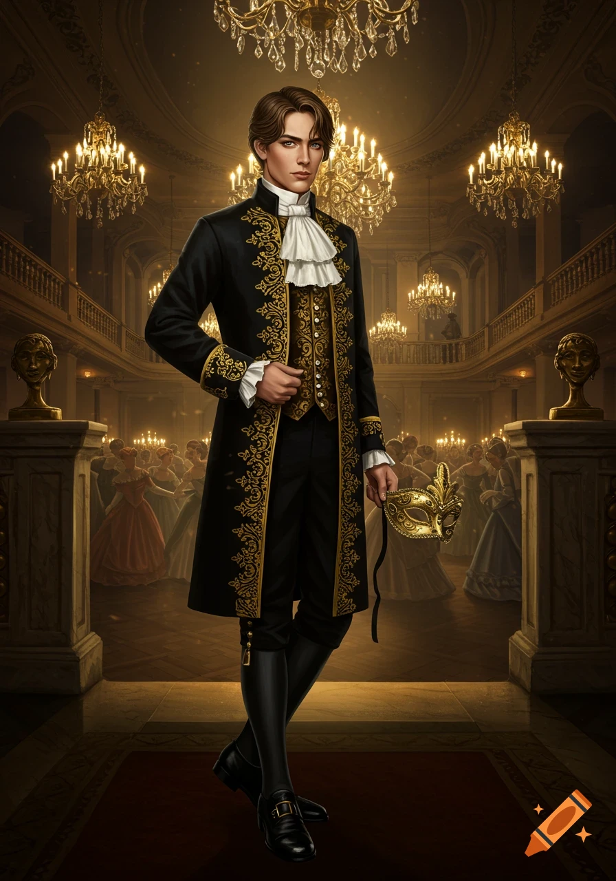 A man in a black and gold rococo-style suit holds a masquerade mask in a grand ballroom filled with chandeliers.