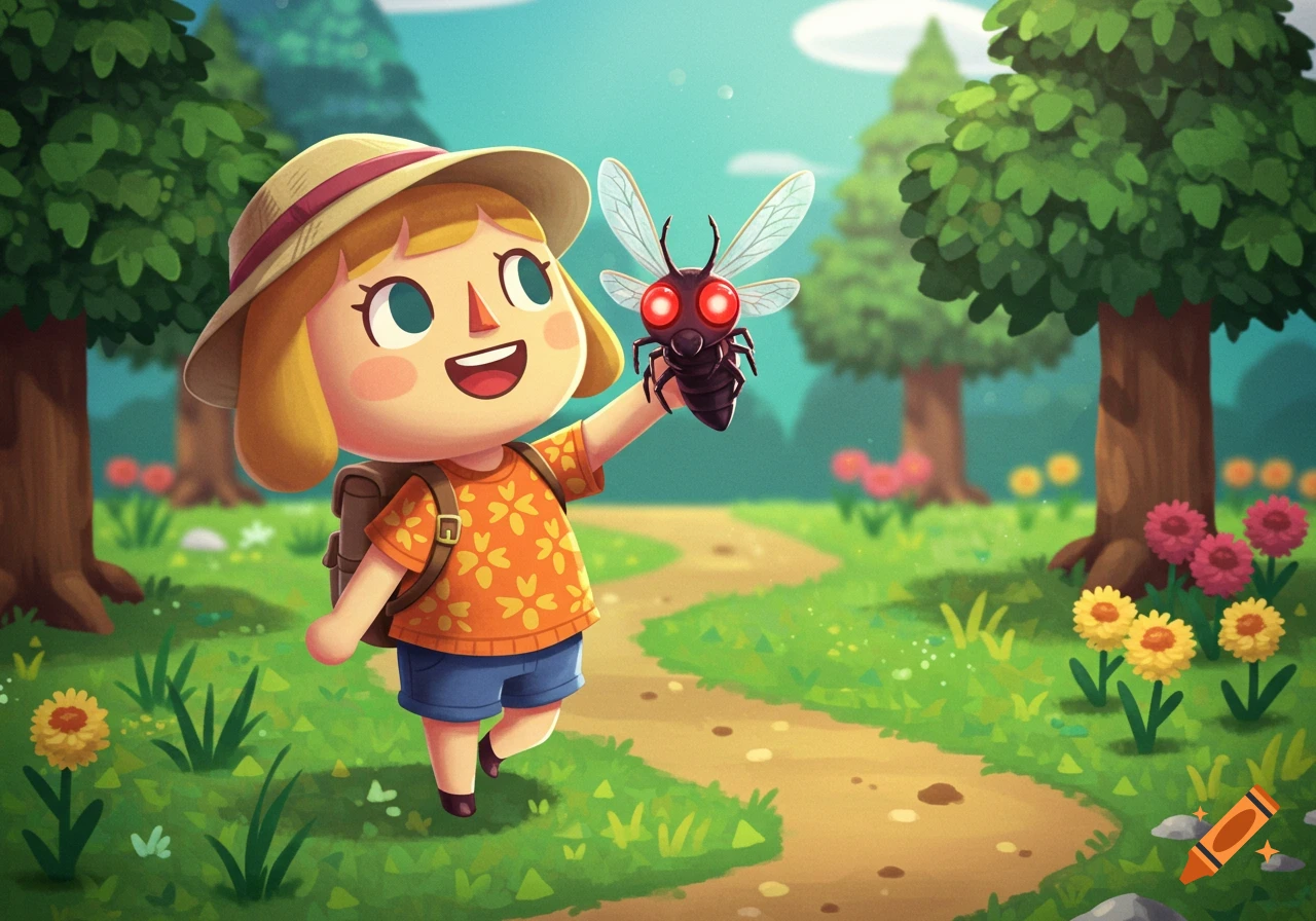 An Animal Crossing style villager in a hat and backpack holds up a bug with glowing red eyes on a forest path.